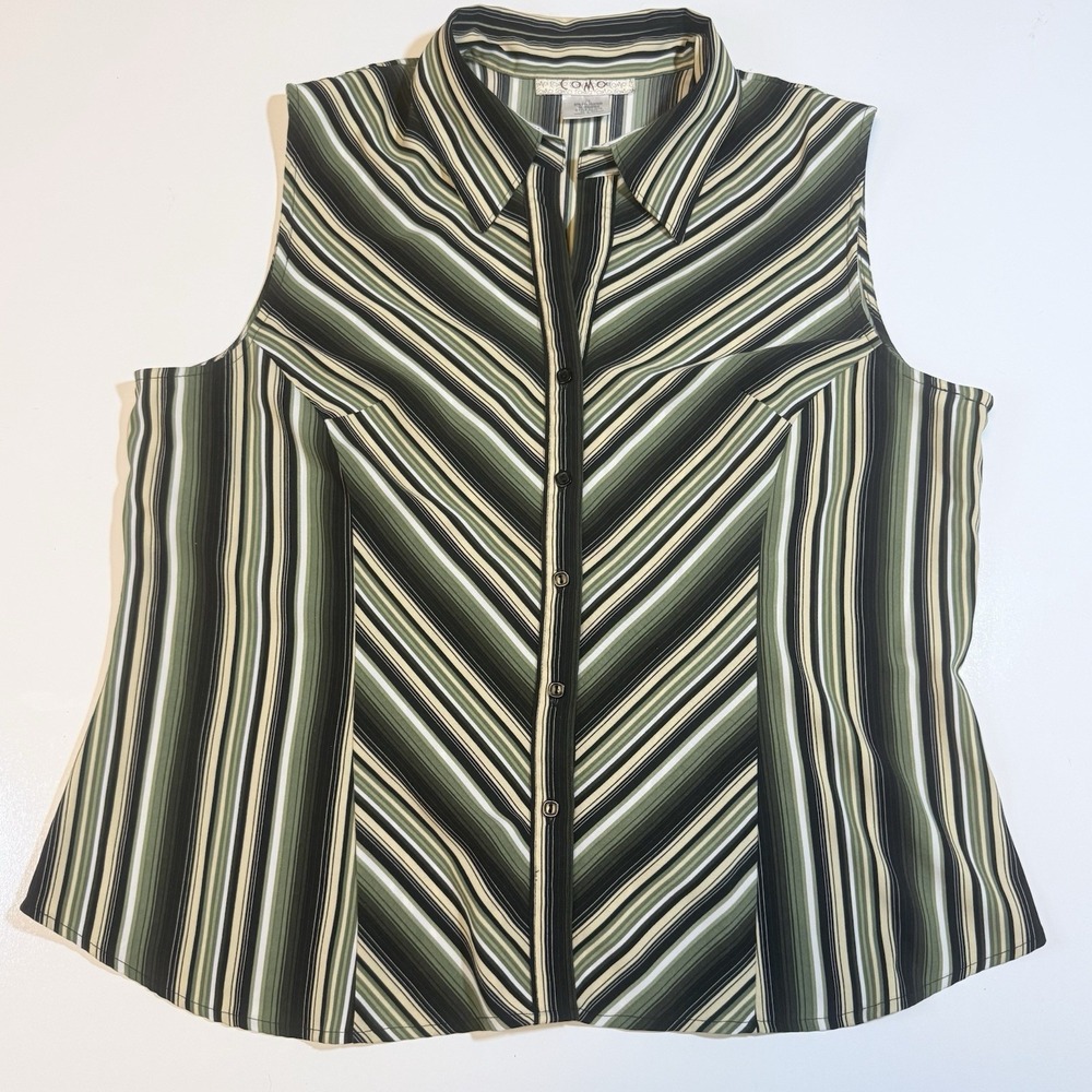 Como Vintage Chevron Striped Sleeveless Button Front Blouse Green XL E2J078